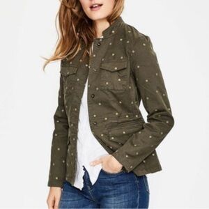 Boden Carly Utility Jacket Embroidered Star Flower Snap Front Olive Green Sz 6R